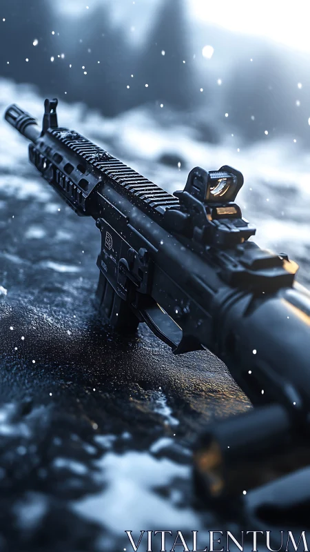 Tactical rifle positioned on snowy terrain with bokeh particles