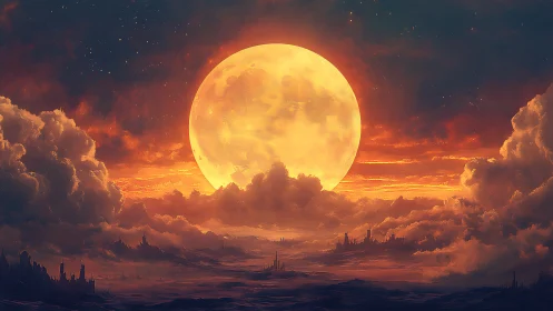 Colossal ember moon rising above a dreaming cloud kingdom.