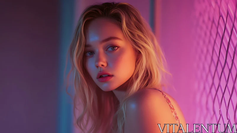 Neon side-lit portrait renders soft skin tones in shallow focus