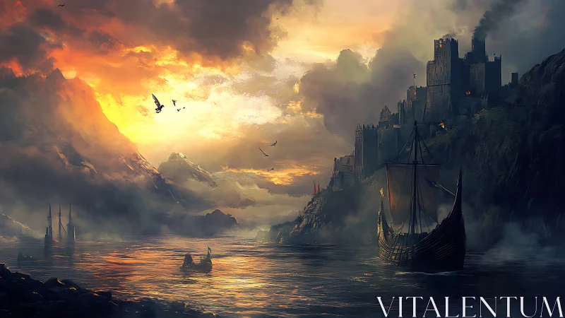 Viking longship approaches dark cliffside fortress at dusk.