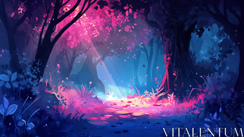 Neon forest clearing with glowing flora and trees, luminescent sanctuary