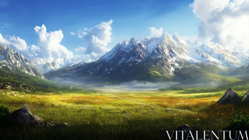 Sunlit alpine meadow opens toward distant snowy peaks