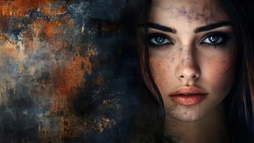 Digital portrait merges woman face with abstract rusted wall.