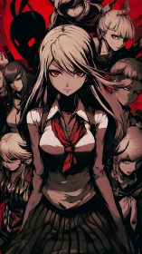 Red-eyed anime heroine leading dark ensemble cast.