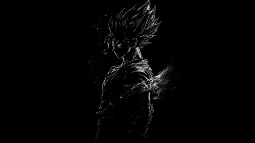 Luminous anime warrior outlined in fierce electric energy.