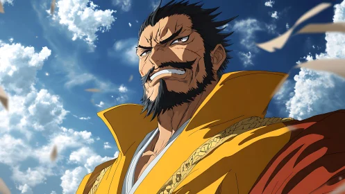 Storm-eyed warlord laughs into the roaring sky wind