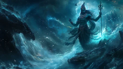 Mythic sea god strides through stormlit cosmic ocean