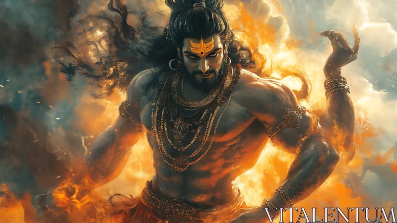 Mythic fire deity in dynamic digital painting composition.