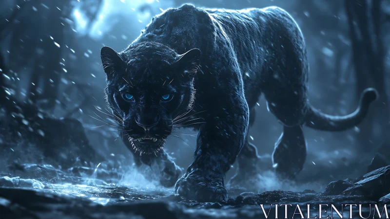 Black Panther With Luminous Eyes in Procedural Winter Environment