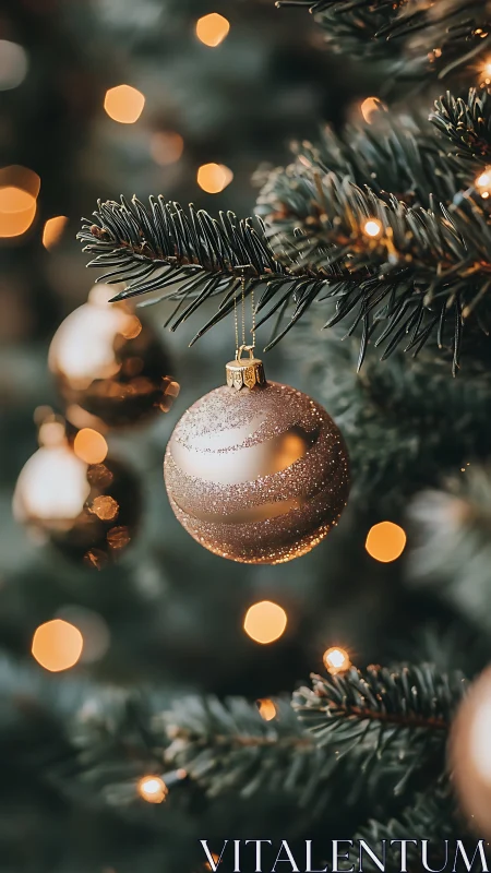 Gold glass bauble humming softly in evergreen bokeh glow.