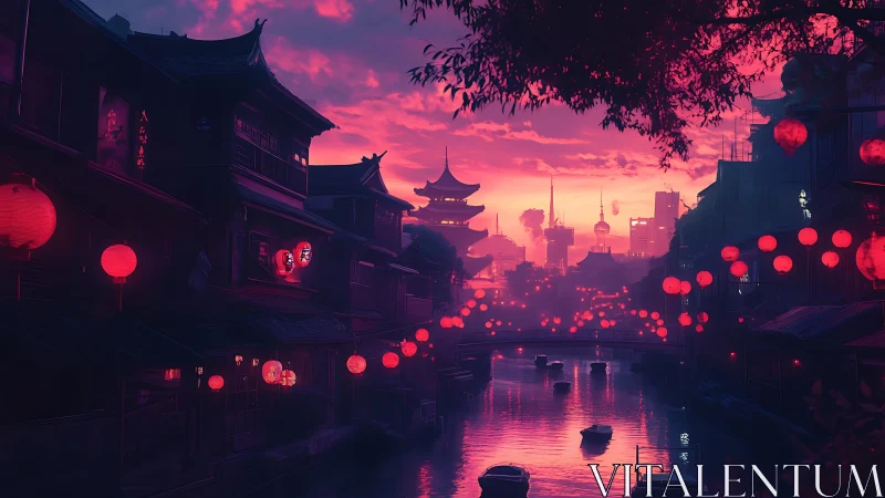 Lantern river at neon dusk in futuristic canal cityscape.