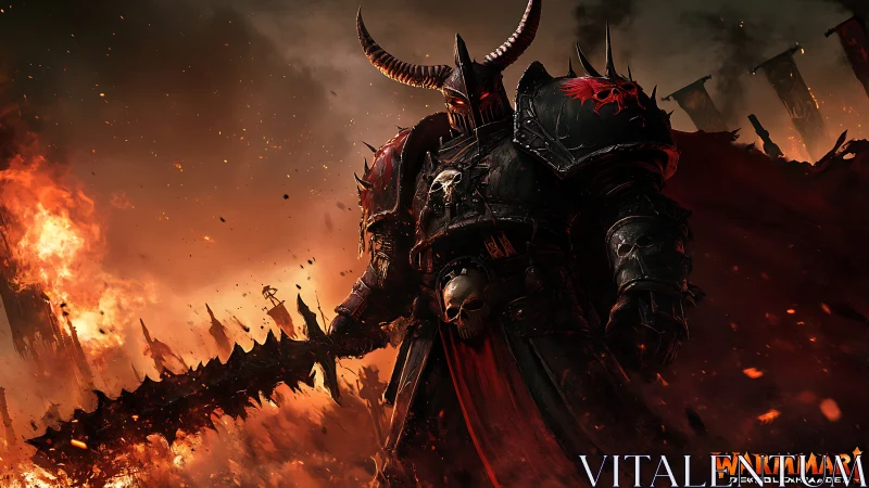 Fierce armored warrior strides through blazing battlefield.