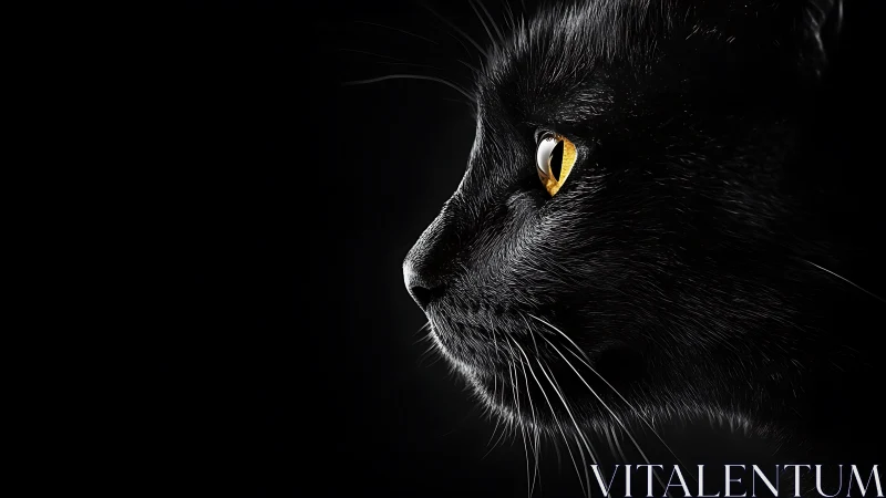 Black Feline Profile with Luminous Amber Iris Against Achromatic Ground.