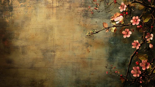 Soft spring blossoms brushing a weathered golden wall.