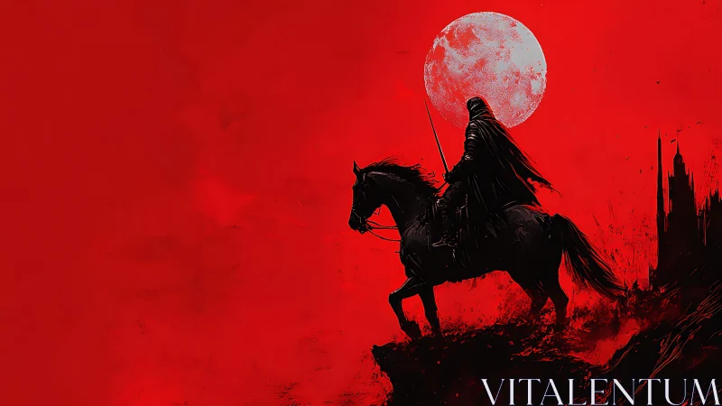Bloodred horizon crowns a lone dark rider beneath cruel moon