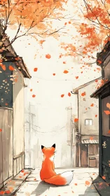 Curious little fox enjoying a quiet autumn city street.