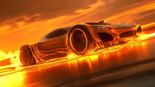 Lava-laced hypercar streaking through a molten horizon.