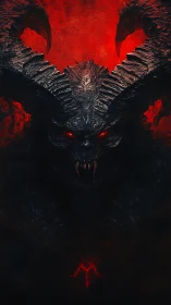 Demonic horned titan emerges within infernal red void.