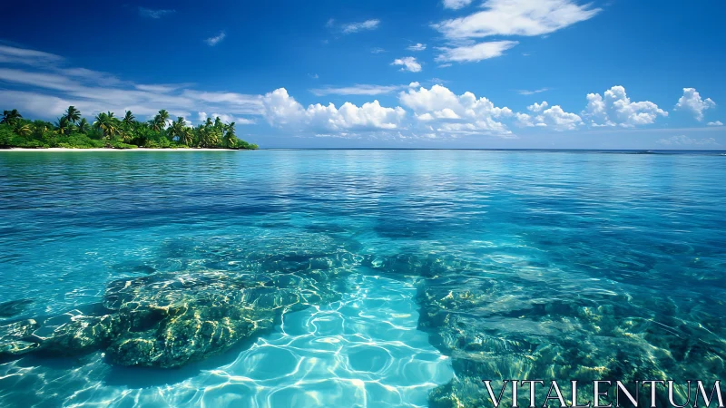 Tropical shoreline with shallow reef and distant palm trees.