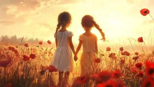 Two Children in Poppy Field at Golden Hour with Backlighting