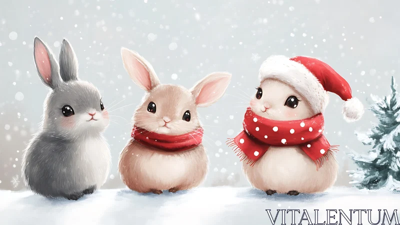 Snowy bunny trio in festive red scarves and Santa hat magic.