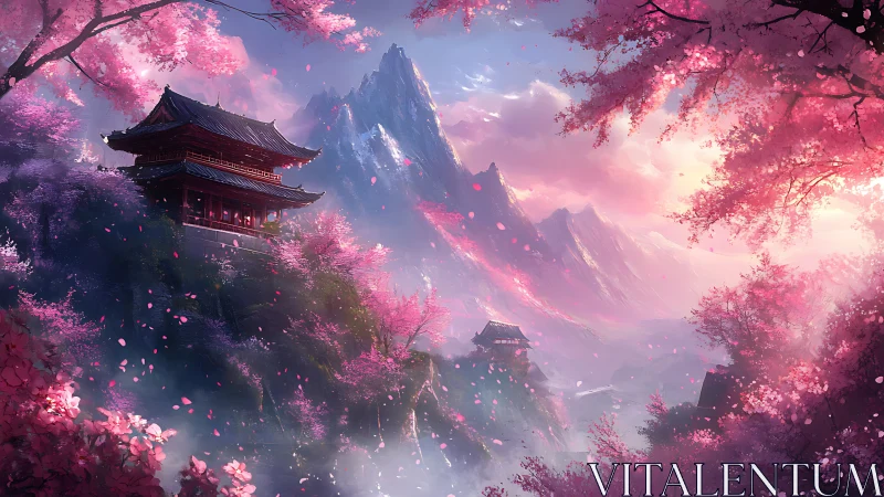 Cherry blossom mountain temples rendered in luminous fantasy digital painting
