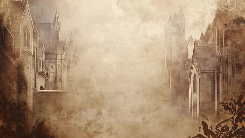 Misty gothic castle walls fade into a sepia dreamscape