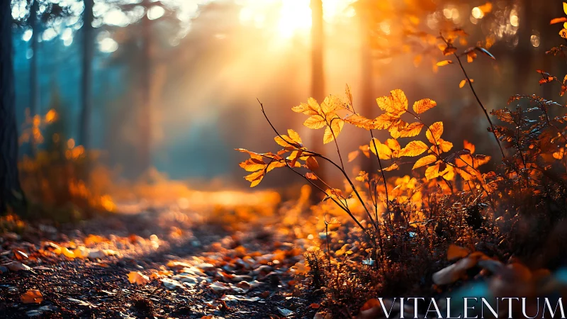 Golden autumn foliage glows in forest with strong backlighting