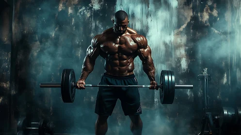 Powerful bodybuilder lifts heavy barbell in a gritty gym