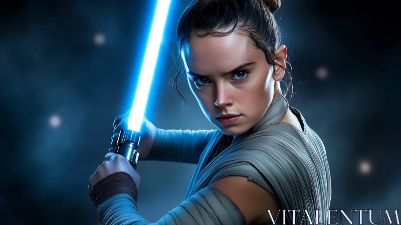 Determined sci-fi warrior wielding glowing blue energy blade.