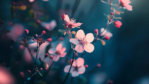 Soft-Focus Cherry Blossoms Against Deep Teal Bokeh Background.