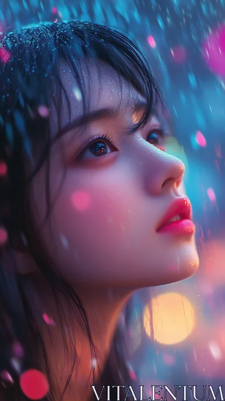 Rainlit dreamer gazes upward through neon-touched twilight.