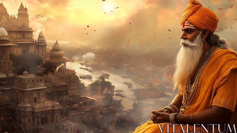 Elder in saffron gazes over golden riverside temples.
