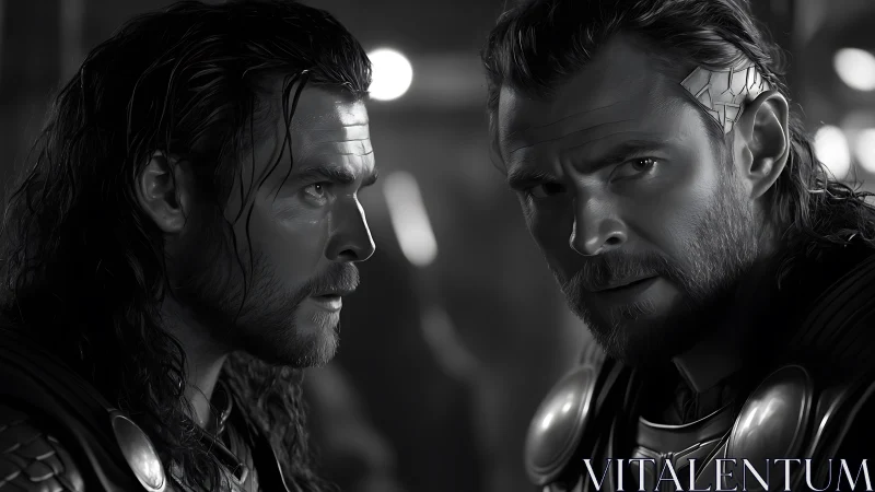 Storm-forged warriors in quiet grayscale conversation.