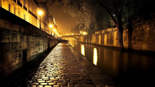Nocturnal riverside promenade with golden street lighting.