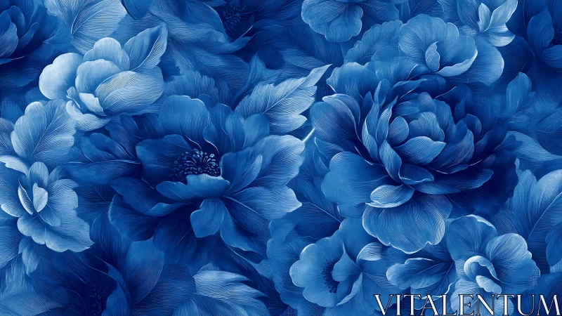 Multiple overlapping blue flowers rendered with detailed brushwork techniques.