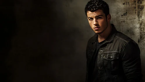 Male subject in dark jacket against textured wall background.