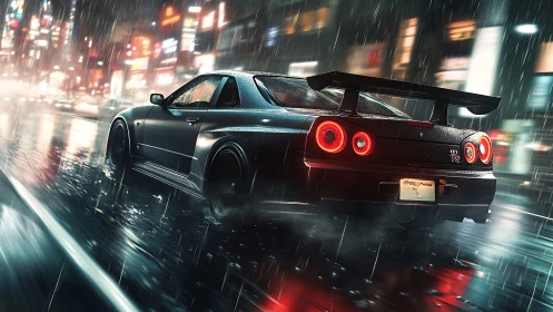 High-spec GT-R accelerates through wet neon city streets at night