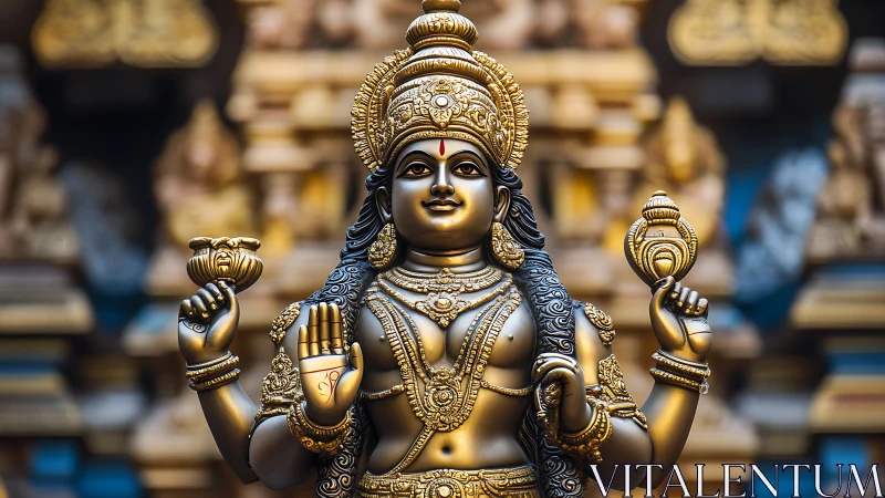 Golden Hindu deity statue with ornate temple backdrop.