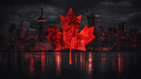Bold red maple leaf glowing over a proud Canadian skyline.