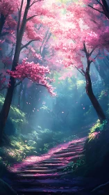 Luminous Pink Forest Path with Blooming Trees