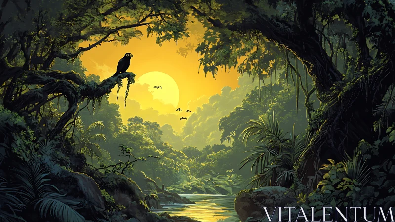 Mystical Jungle Paradise with Macaw in Golden Sunlight