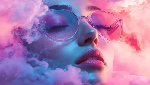 Neon lit close up portrait of woman in pink tinted glasses.