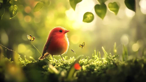 Cute Red Bird with Butterflies in Lush Green Forest, Soft Focus Art.