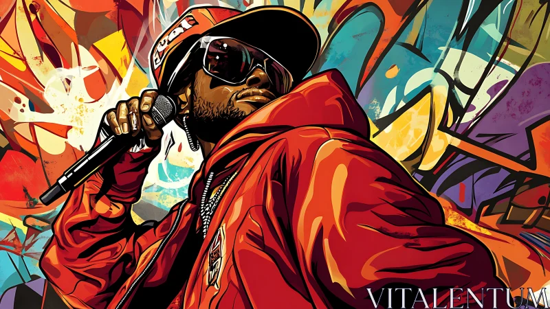 Bold hip-hop MC commands the stage amid neon graffiti walls.