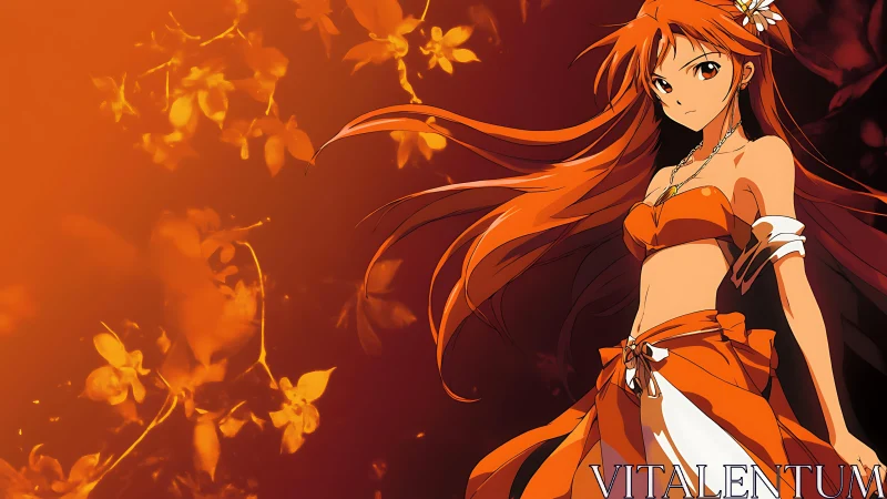 Fiery anime heroine stands amid glowing orange blossoms.