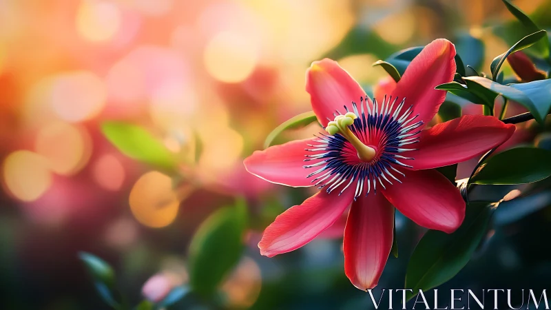 Vivid passion flower macro against glowing bokeh sunset.