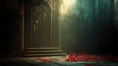 Gothic door glows over crimson petals in decayed hall.