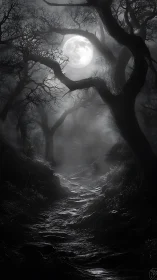 Moonlit path through twisted ghostly forest shadows.