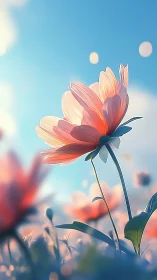 Pink and coral flower against bright blue sky with bokeh depth